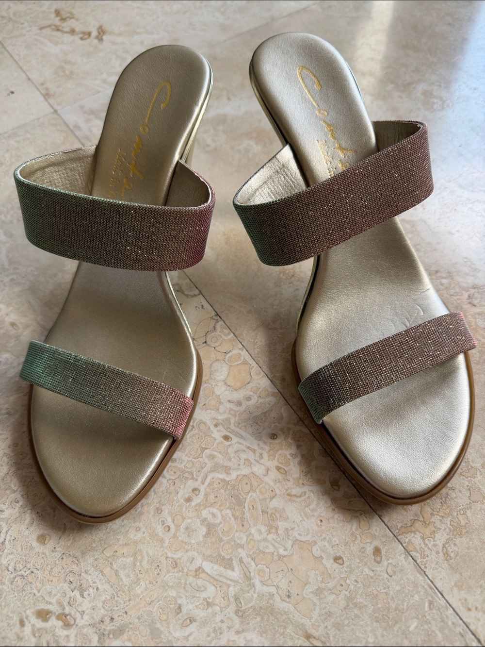 Comtesa Italian Made Women’s Metallic Gold Sandal With Ombre Shimmer Straps